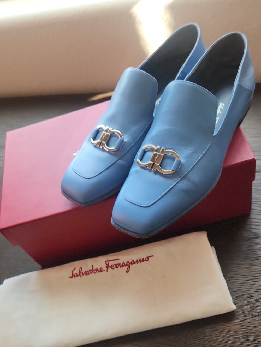 Salvatore Ferragamo Light Blue Ladies Leather Loafers with Silver Hardware